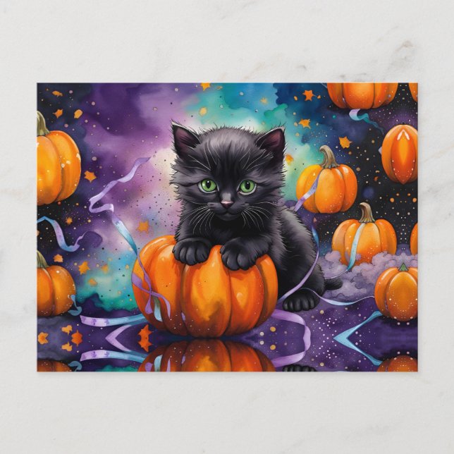 Cartão Postal De Festividades Pumpkins e Fita de Gatinhos Pretos (Frente)