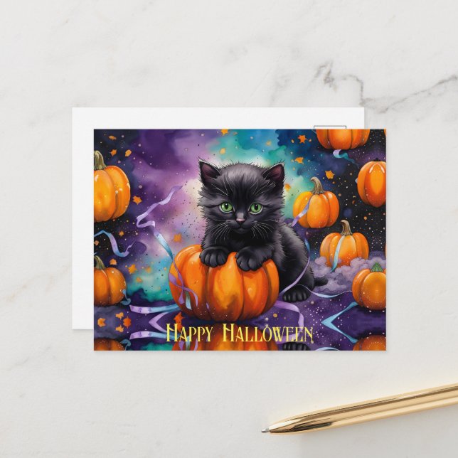 Cartão Postal De Festividades Pumpkins e Fita de Gatinhos Pretos (Frente/Verso In Situ)
