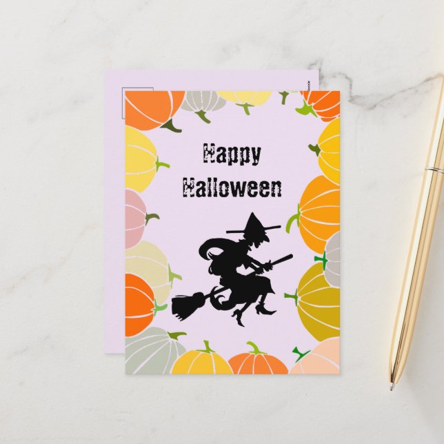 Cartão Postal De Festividades Pumpkins Laranja da Bruxa Voadora Spooky (Frente/Verso In Situ)