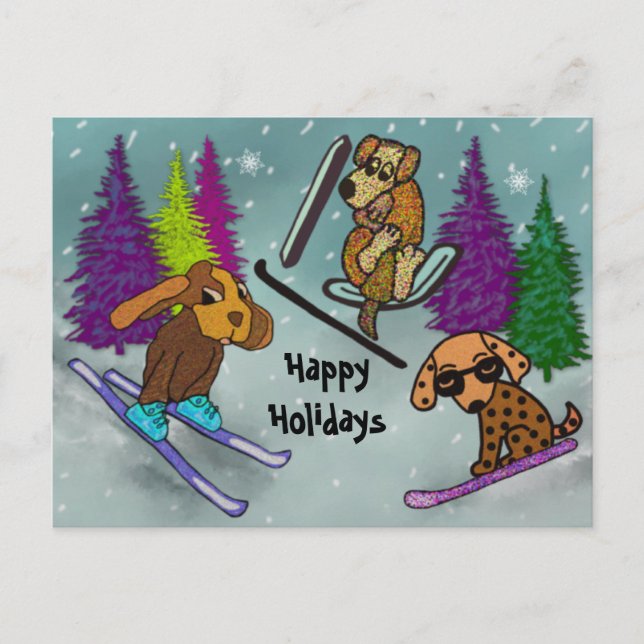 Cartão Postal De Festividades Puppy Ski Vacation Happy Holidays (Frente)