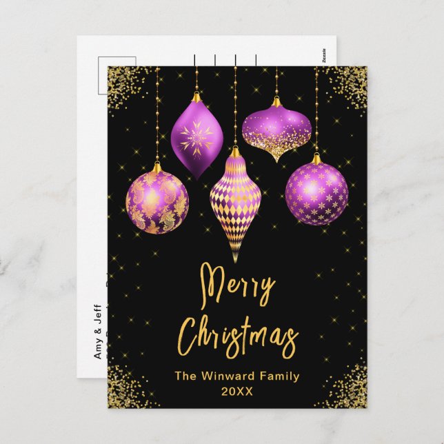 Cartão Postal De Festividades Purple and Gold Ornaments Merry Christmas (Frente/Verso)