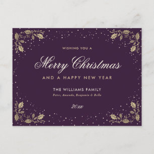 Cartão Postal De Festividades Purple Dourado Holly Snow