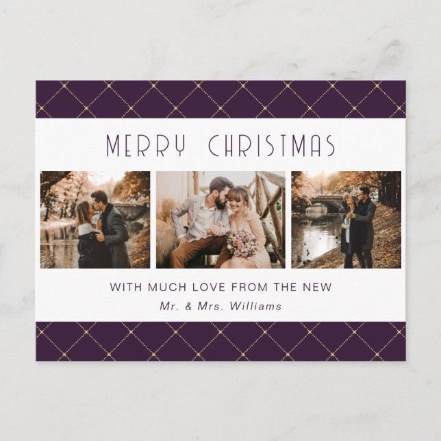 Cartão Postal De Festividades Purple Gold Photo Newlywed (Frente)