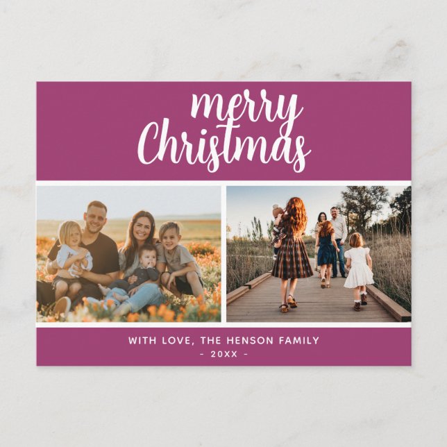 Cartão Postal De Festividades Púrpura Família Feliz de Natal 2 Foto (Frente)