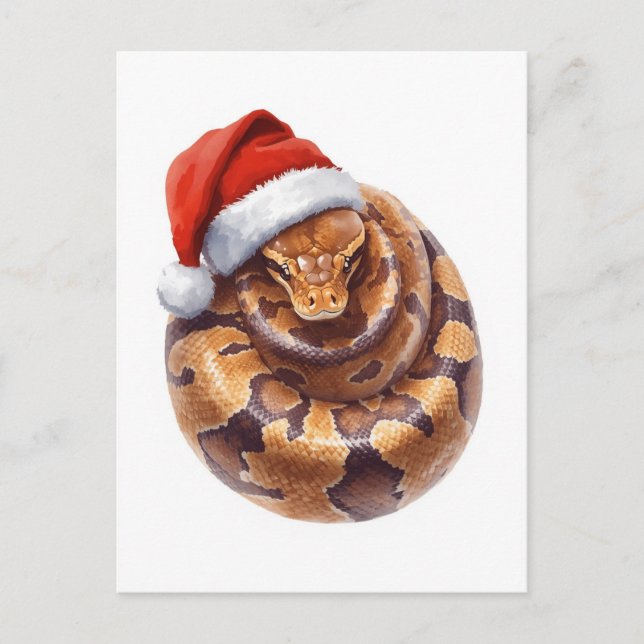 Cartão Postal De Festividades Python-bola em Chapéu de Papai Noel Aquarela (Frente)