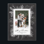Cartão Postal De Festividades Quadro Botânico Chalkboard Feliz Foto de Natal<br><div class="desc">Feliz Natal! Enviar Cartões de natal com este cartão postal de Natal. Ele apresenta a arte de linha de safra de pinecones, agulhas de pinheiros e salgados com um fundo falso de quadro. Personalize adicionando sua foto, nomes, ano e mensagem. Este cartão-postal de Natal para quadros de chanfro está disponível...</div>
