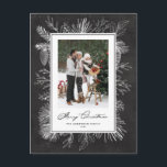 Cartão Postal De Festividades Quadro Botânico Chalkboard Feliz Foto de Natal<br><div class="desc">Feliz Natal! Enviar Cartões de natal com este cartão postal de Natal. Ele apresenta a arte de linha de safra de pinecones, agulhas de pinheiros e salgados com um fundo falso de quadro. Personalize adicionando sua foto, nomes, ano e mensagem. Este cartão-postal de Natal para quadros de chanfro está disponível...</div>