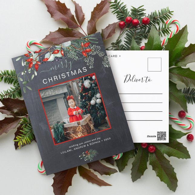 Cartão Postal De Festividades Quadro de imagens de Natal verde (You will love these beautiful Christmas cards! They feature botanical watercolor pine and berries.)