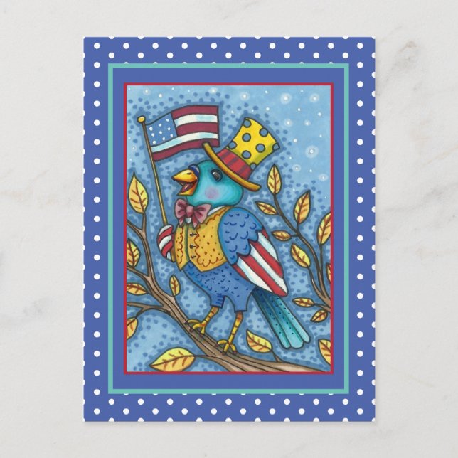 CARTÃO POSTAL DE FESTIVIDADES QUARTO DE JULHO BLUEBIRD TWEET, AMERICAN FLAG USA (Frente)