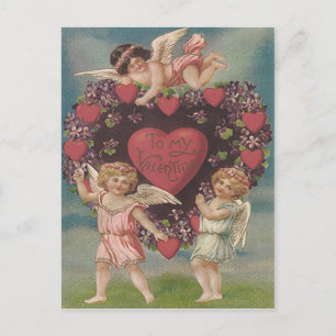 Cartão Postal De Festividades Querubim Cupido Coração Violetas Dia dos Namorados