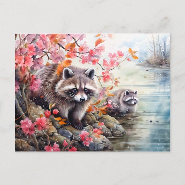 Cartão Postal De Festividades Raccoons perto da cena do lago de outono (Frente)