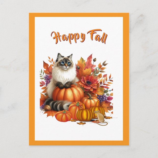 Cartão Postal De Festividades Ragdolos Cat e Pumpkins Feliz Queda (Frente)