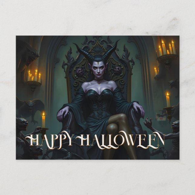 Cartão Postal De Festividades Rainha Demônio Espantada na Luz de Velas (Frente)