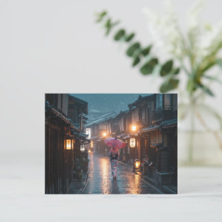 Cartão Postal De Festividades Rainy Kyoto Evening – Tranquil Streets in Gion