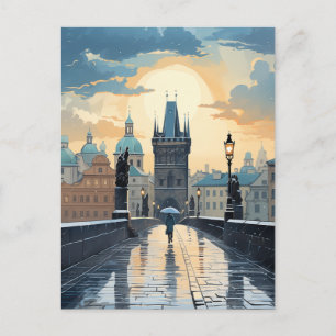 Cartão Postal De Festividades Rainy Sunset Walk na Ponte Charles