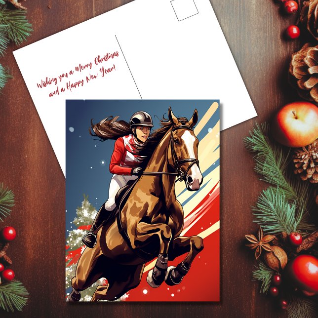 Cartão Postal De Festividades Rapariga e Cavalo Saltando no Natal (Girl and Horse Jumping Equestrian Christmas Holiday Postcard)