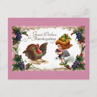 Cartão Postal De Festividades Rapariga e Puppy Greet Turquia Vintage Ação de Gra