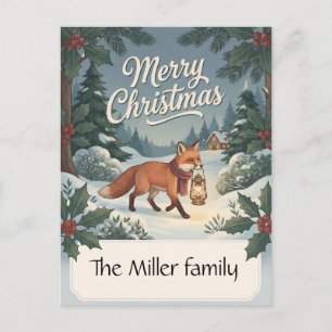 Cartão Postal De Festividades Rapariga Vulpe com Lanterna Natal Floresta