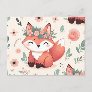Cartão Postal De Festividades Raposa-branca com padrão sem costura de flores