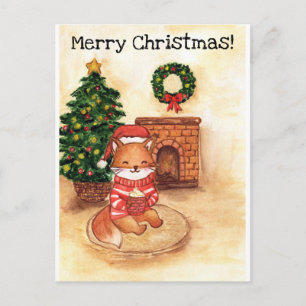Cartão Postal De Festividades Raposa de Natal junto à lareira