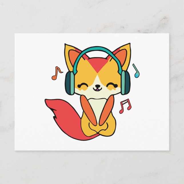 Cartão Postal De Festividades Raposa feliz com fones de ouvido ouvindo música. (Frente)