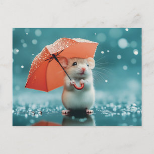 Cartão Postal De Festividades Rato com Guarda-chuvas na chuva: Cena do Dia Chuva