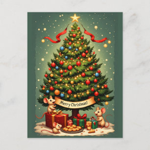 Cartão Postal De Festividades Ratos de Natal Feliz Árvore Vitoriana Presentes