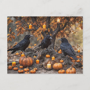 Cartão Postal De Festividades Raven Halloween com Pumpkins e Velas