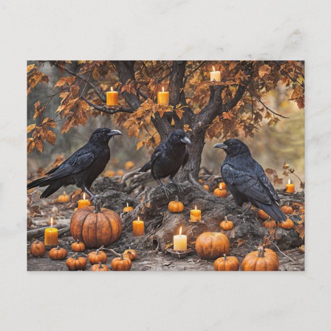 Cartão Postal De Festividades Raven Halloween com Pumpkins e Velas (Frente)