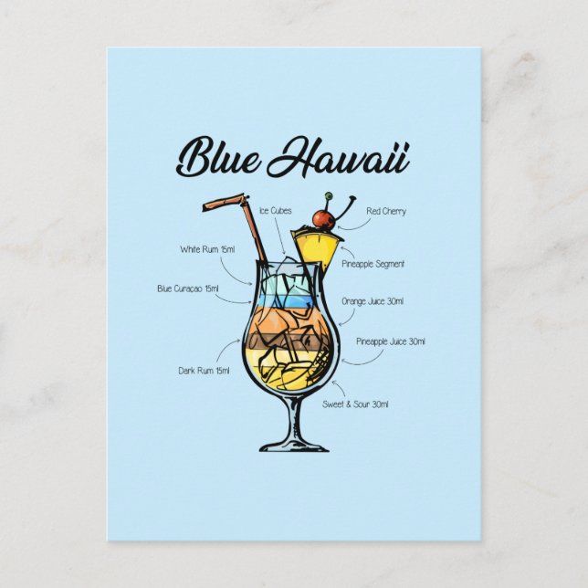 Cartão Postal De Festividades Receita de Cocktail Blue Hawaii (Frente)