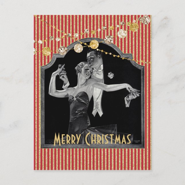Cartão Postal De Festividades Red and Gold Christmas Thirties Dancing Deco (Frente)