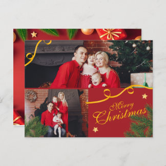 Cartão Postal De Festividades Red and Gold Photo Family Merry Christmas Happy