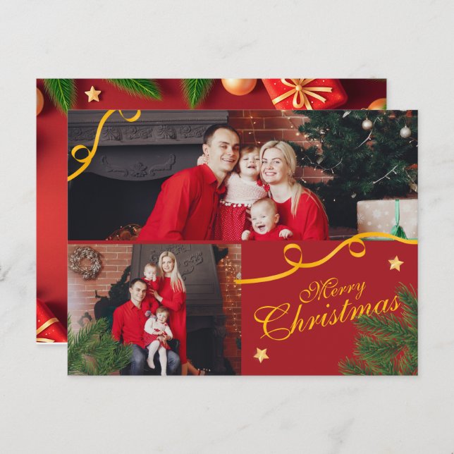 Cartão Postal De Festividades Red and Gold Photo Family Merry Christmas Happy (Frente/Verso)