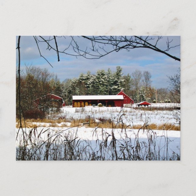 Cartão Postal De Festividades Red Barn em inverno Nova Hampshire Fotografia (Frente)