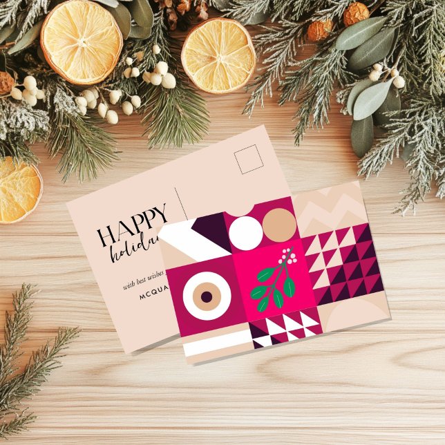 Cartão Postal De Festividades Red Blush Geométrico Pink (Burgundy Pink Geometric Christmas Post Card)