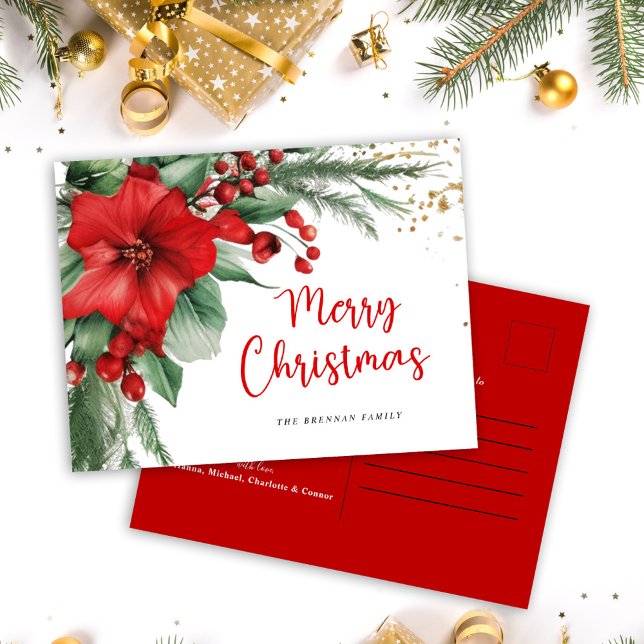 Cartão Postal De Festividades Red Botanic Felry Christmas (Red Botanical Merry Christmas Holiday Postcard)