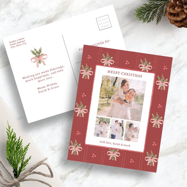 Cartão Postal De Festividades Red Botanical Christmas Photo Postcard (Vintage Botanical Photo Christmas Postcard Watercolor Holly & Red Bow Design by Painted Paperie)