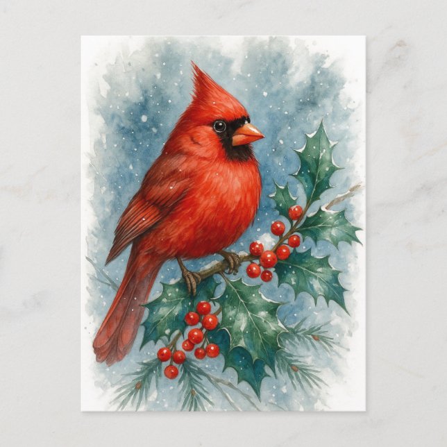 Cartão Postal De Festividades Red Cardinal on Winter Holly Christmas Postcard (Frente)