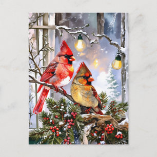 Cartão Postal De Festividades Red Cardinals and Wild Berries Winter Nature