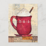 Cartão Postal De Festividades Red Christmas Cup<br><div class="desc">© Courtney Prahl / Wild Apple.  The image shows a red holiday cup with white Christmas Trees painted on it. There is also white foam on top of the cup.</div>