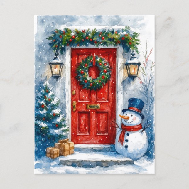 Cartão Postal De Festividades Red Door with Snowman Cozy Christmas Postcard (Frente)
