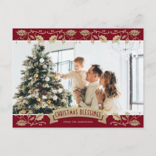 Cartão Postal De Festividades Red Dourado Holly Christmas abençoa a foto cristã
