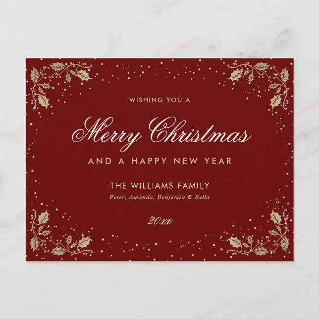 Cartão Postal De Festividades Red Dourado Holly Snow (Frente)