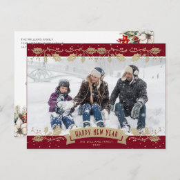 Cartão Postal De Festividades Red Gold Holly Berries Photo Happy New Year