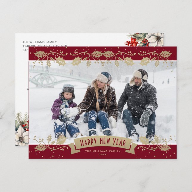 Cartão Postal De Festividades Red Gold Holly Berries Photo Happy New Year (Frente/Verso)