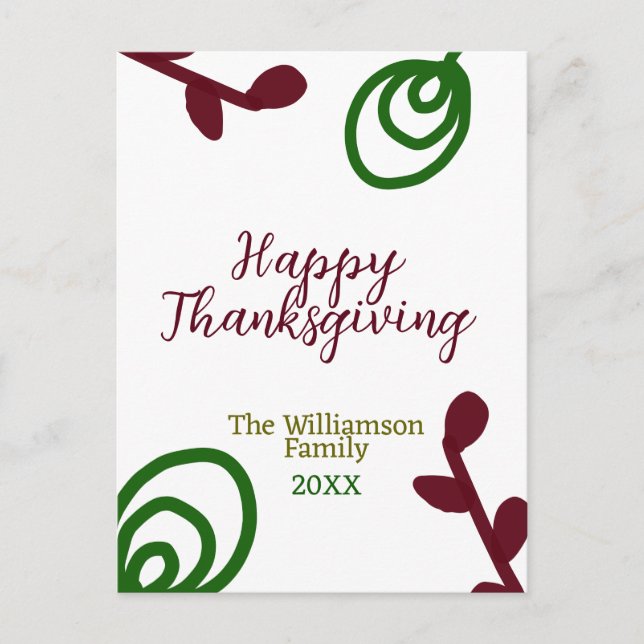 Cartão Postal De Festividades Red green happy Thanksgiving floral leaf fall (Frente)