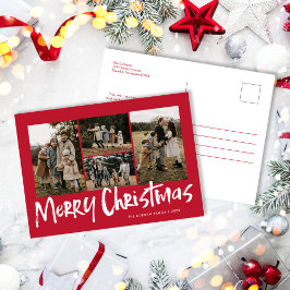 Cartão Postal De Festividades Red Modern Lettering Cinco Fotografias Feliz Natal