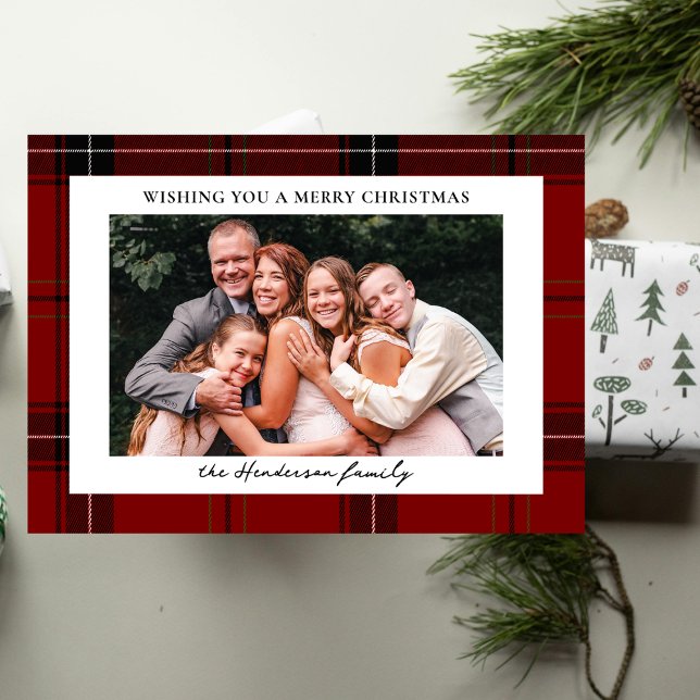 Cartão Postal De Festividades Red Plaid Custom Horizontal Photo Christmas  (Criador carregado)