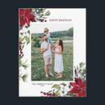 Cartão Postal De Festividades Red Poinsettia Botânica Feliz Natal Hol<br><div class="desc">Feliz Feriados! Envie seus desejos de feriado e saudações para a família e amigos com este cartão-postal de fotos de feriado floral personalizável. Apresenta uma estrutura de aquarela de pinecones,  agulhas de pinheiros,  colas,  bagas e poinsetos vermelhos. Personalize adicionando nomes,  mensagens e fotos. Itens correspondentes estão disponíveis.</div>