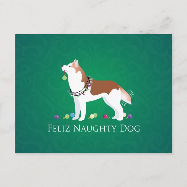 Cartão Postal De Festividades Red Siberian Husky Feliz Naughn Natal (Frente)